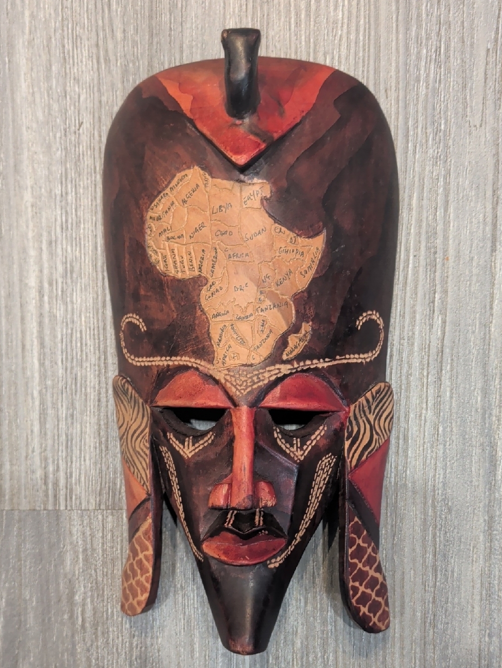Handcrafted African  Wooden Tribal Warrior Mask - Brown & Red